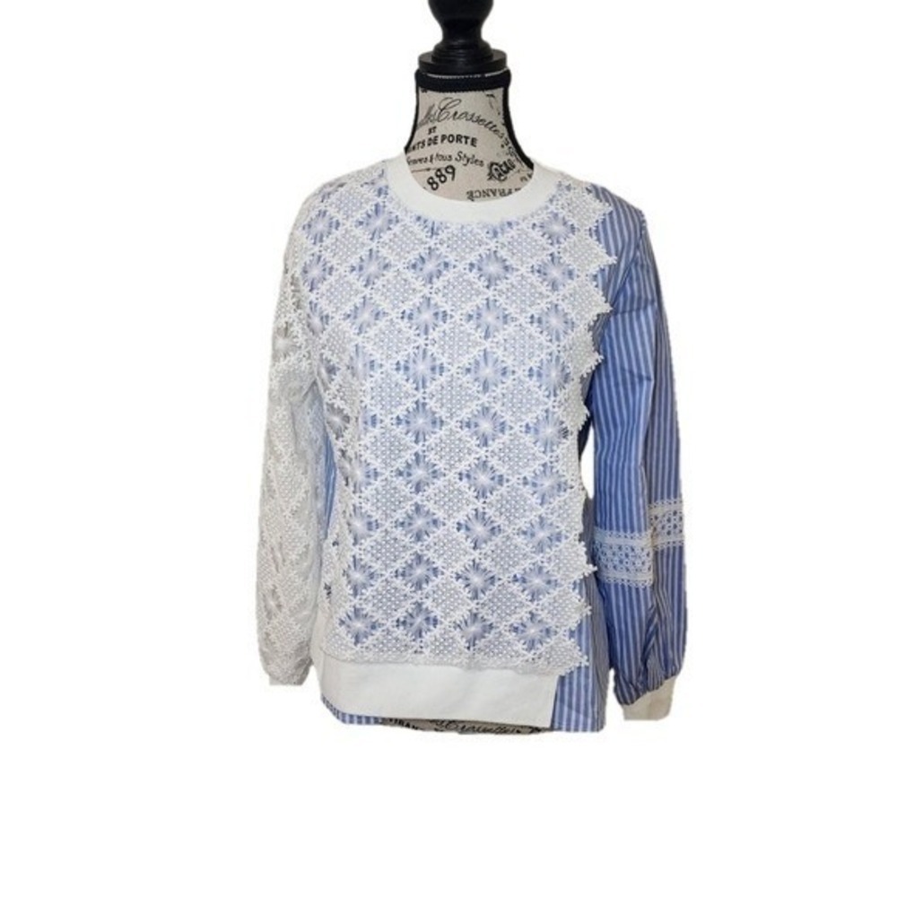 Belle Mariee Blue White Lace Blouse Women Size M Boho Crochet Top